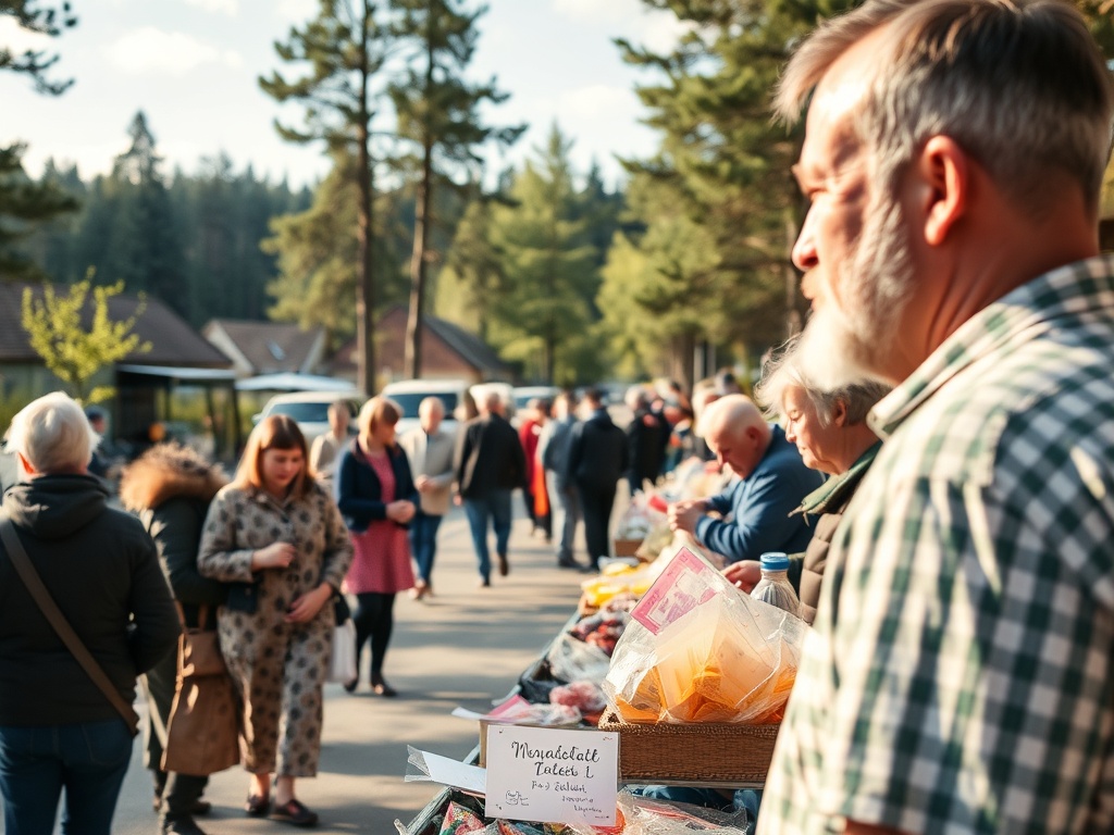 Ilustracja symbolizująca Dzień Ziemi z elementami przyrody charakterystycznymi dla Ełku, np. jezioro i lasy.